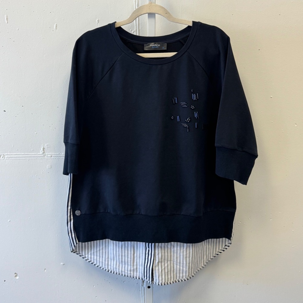 March Sport Navy Blue Beaded Mixed Media Striped Hem Top Sweatshirt Sz 46 14 US‎